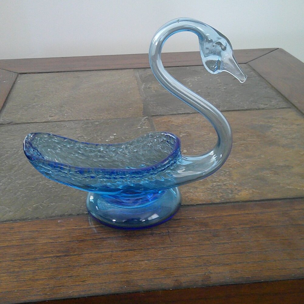 Viking Glass Hand Blown Blue Glass Swan Trinket Candy Dish